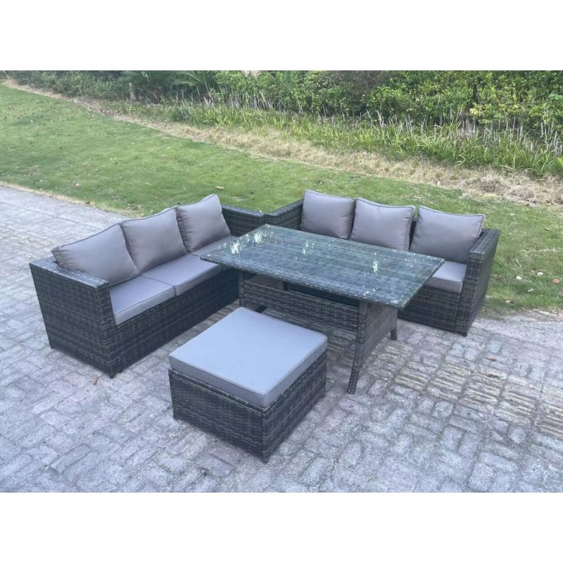 Fimous PE Wicker Outdoor Garden Furniture Set Patio Rattan Rectangular Dining Table Lounge Sofa with Big Footstool 7 Seater Dark Grey Mixed