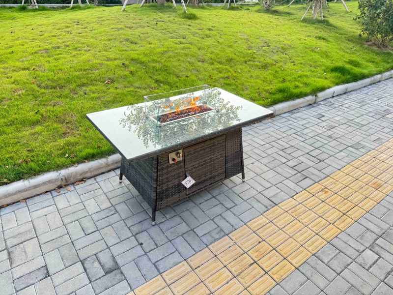 Fimous Rattan Garden Furniture Dining Set 6-seater Patio Rectangular Gas Firepit Table Chairs Outdoor Dark Grey Mixed