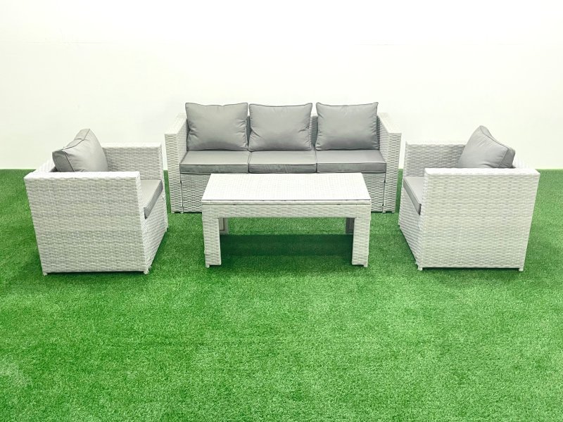 Fimous Rattan Garden Furniture Set 4 Pieces Outdoor Garden Sofa Oblong Coffee Table Set with 2 Chairs Light Grey Mixed