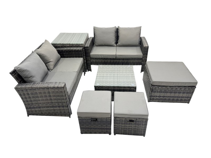Fimous PE Rattan Garden Furniture Set Lounge Double Seat Sofa Coffee Table Set with Side Table 3 Stools Dark Grey Mixed