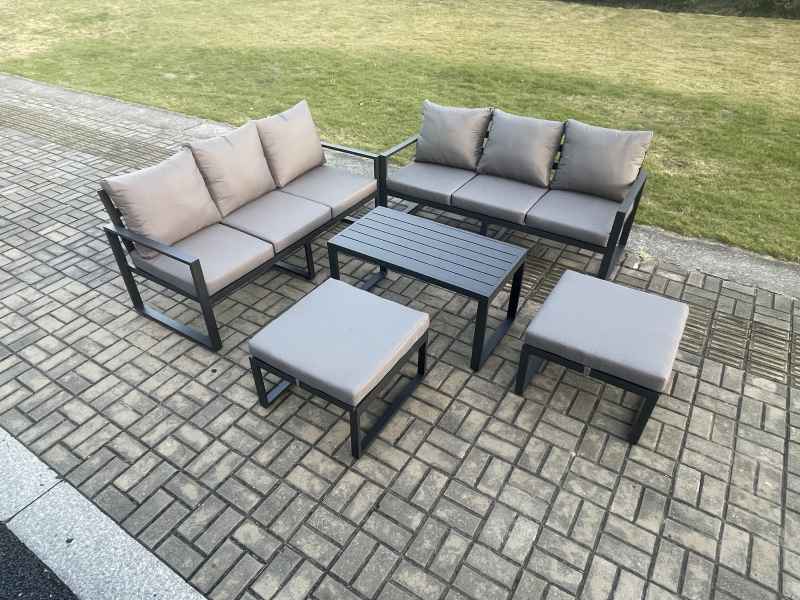 Fimous Aluminium Patio Outdoor Garden Furniture Lounge Sofa Set with Oblong Coffee Table 2 Big Footstools Dark Grey