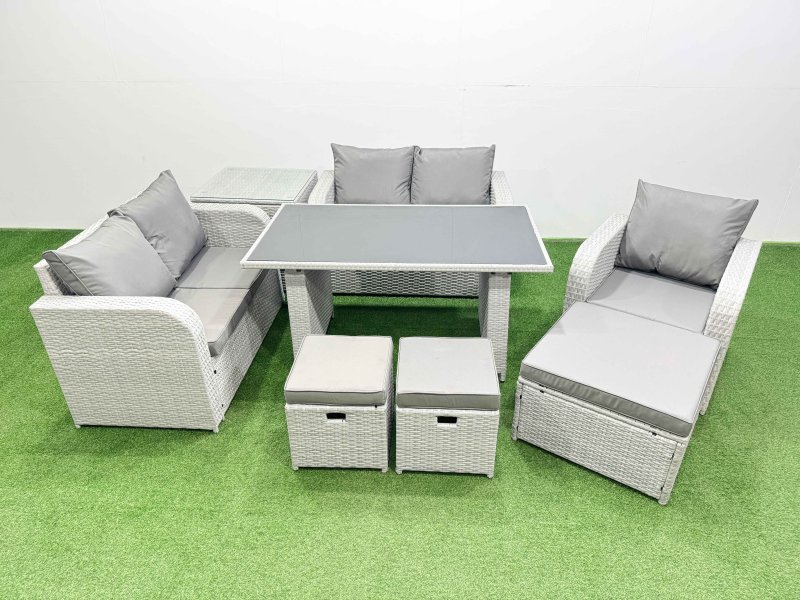 Fimous Rattan Sofa Outdoor Furniture with Dining Table,Side Table,Love Sofa,3 Stools Patio Furniture Light Grey 8 Seater