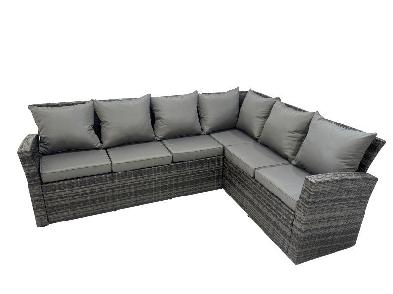 Fimous Outdoor Furniture Garden Dining Set Rattan Corner Sofa Chair Set Gas Fire Pit Table with Temper Glass 4 Footstools Dark Grey Mixed