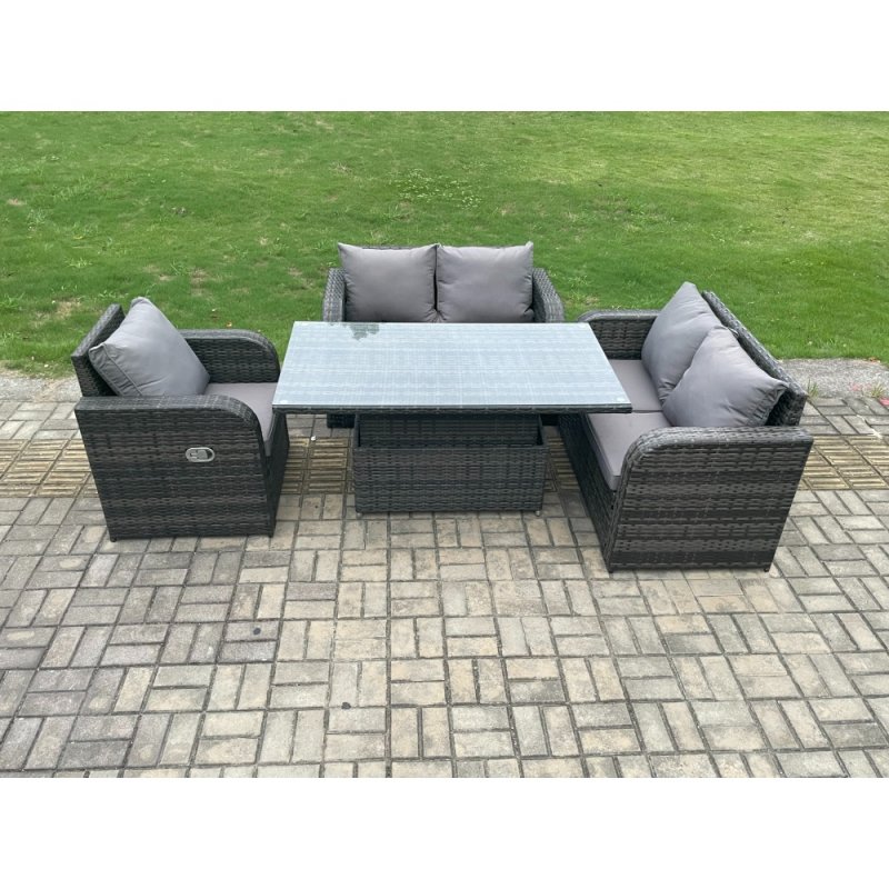 Fimous Wicker PE Rattan Furniture Garden Dining Set Outdoor Height Adjustable Rising lifting Table Love Sofa With Reclining Chair