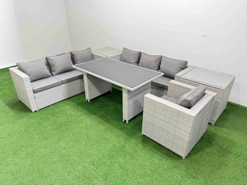 Fimous Patio Garden Furniture Sets with Black Glass Top Dining Table 3 Seater Sofa Armchair 2 Side Tables Light Grey