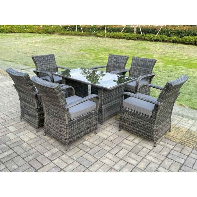 Fimous Rattan Garden Furniture Dining Set Table And Chairs Wicker Patio Outdoor 6 chairs plus black tempered glass rectangular table