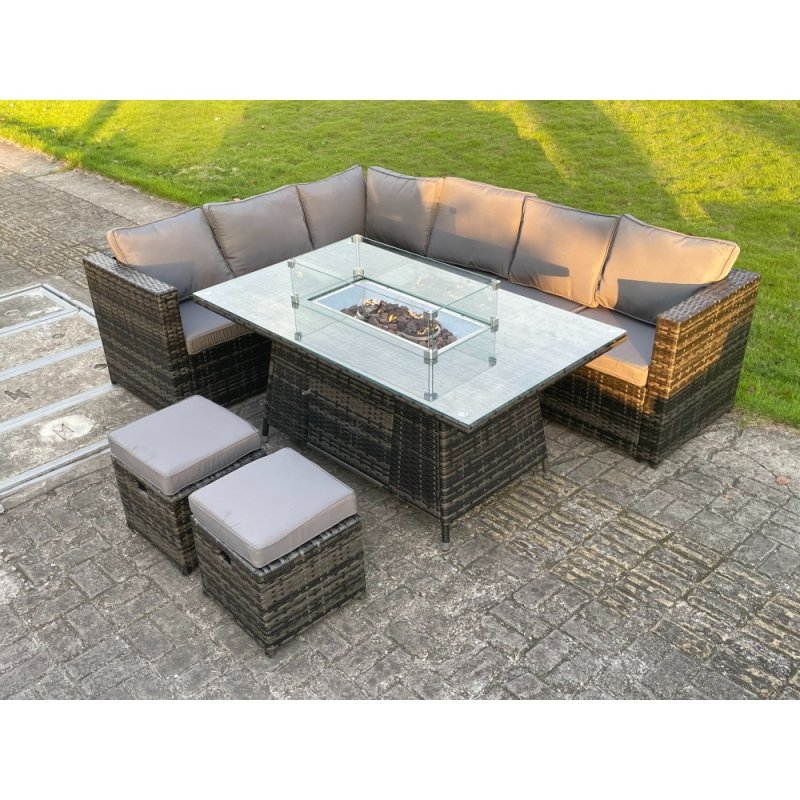 Fimous Outdoor Rattan Garden Corner Furniture Gas Fire Pit Table Sets Gas Heater Lounge Small Footstools Dark Grey 8 Seater