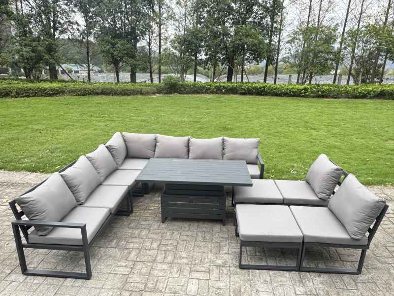 Fimous 9 Pieces Aluminium Garden Furniture Set with Cushions, Patio Furniture Set with Adjustable Rising Lifting Dining Table Big Footstool Dark Grey