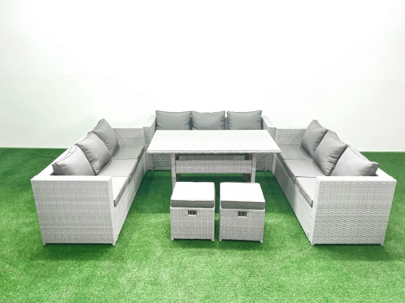 Fimous Rattan Garden Outdoor Furniture Set 11 Seater Garden Sofa Rectangulr Dining Table Set with 2 Small Footstool Light Grey Mixed