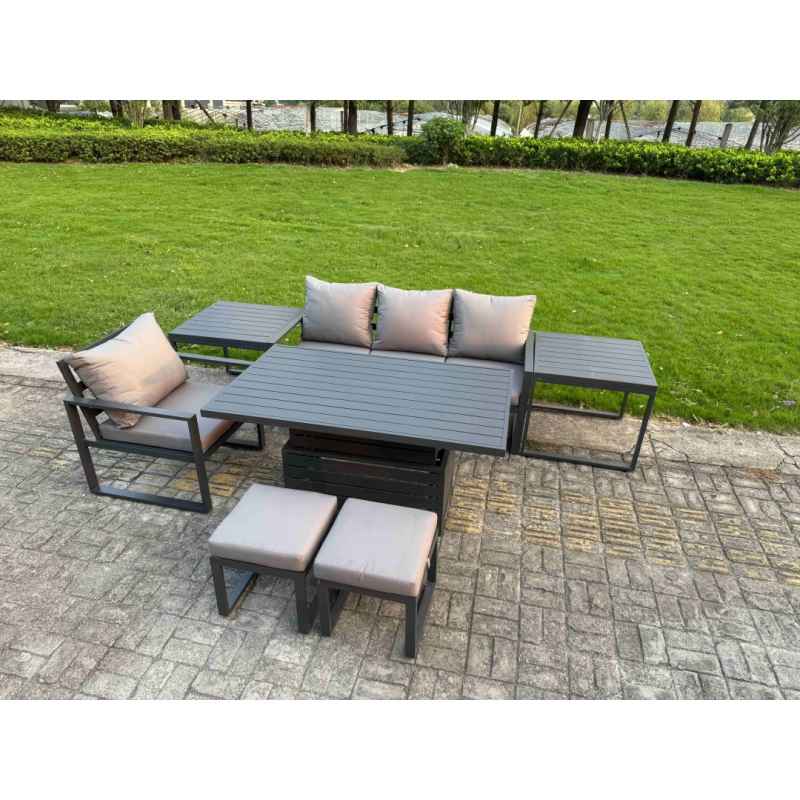 Fimous Aluminum Outdoor Dining Set Patio Dining Furniture Set Includes Adjustable Rising Lifting Dining Table Chairs with 2 Small Footstools Side Table