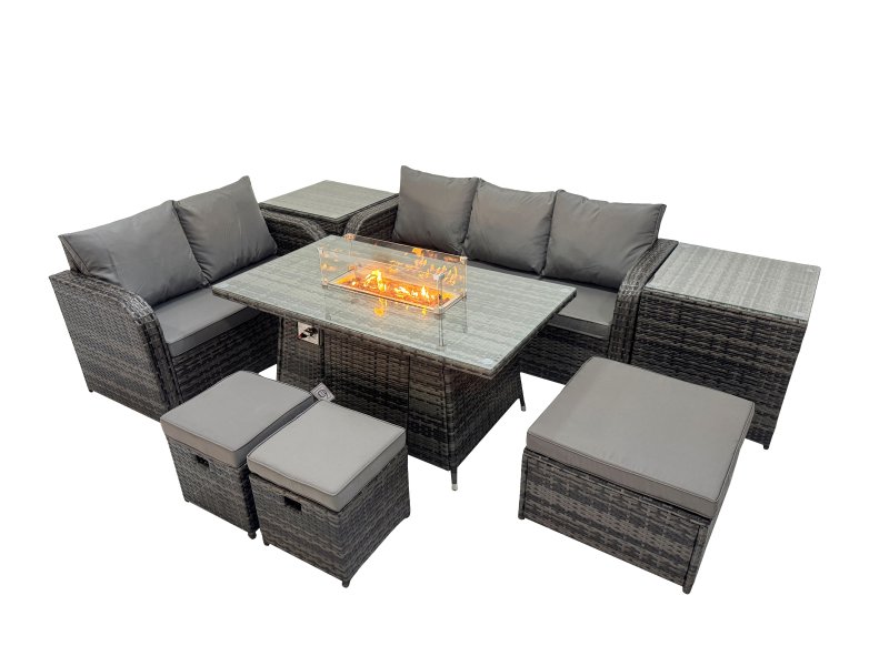 Fimous Garden Outdoor Rattan Furniture Set Rattan Love Sofa 3 Seater Sofa with 2 Side Tables 3 Footstools Dark Grey Mixed