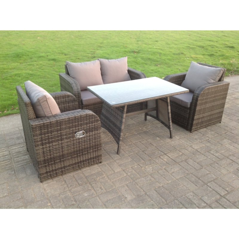 Fimous PE Rattan Garden Furniture Set Adjustable Chair Sofa Double Love Seat 2 Seater Sofa Oblong Rectangular Dining Table
