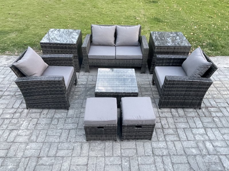 Fimous Rattan Wicker Garden Furniture Patio Conservatory Sofa Set with Square Coffee Table Armchair 2 Seater Sofa 2 Small Footstools 2 Side Tables