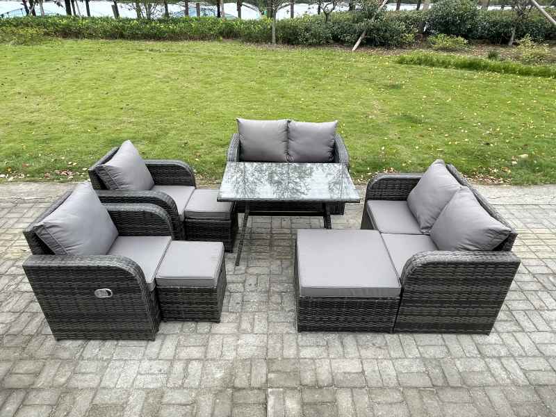 Fimous Wicker PE Rattan Garden Dining Set Outdoor Furniture Sofa with Rectangular Dining Table 3 Footstools Dark Grey Mixed