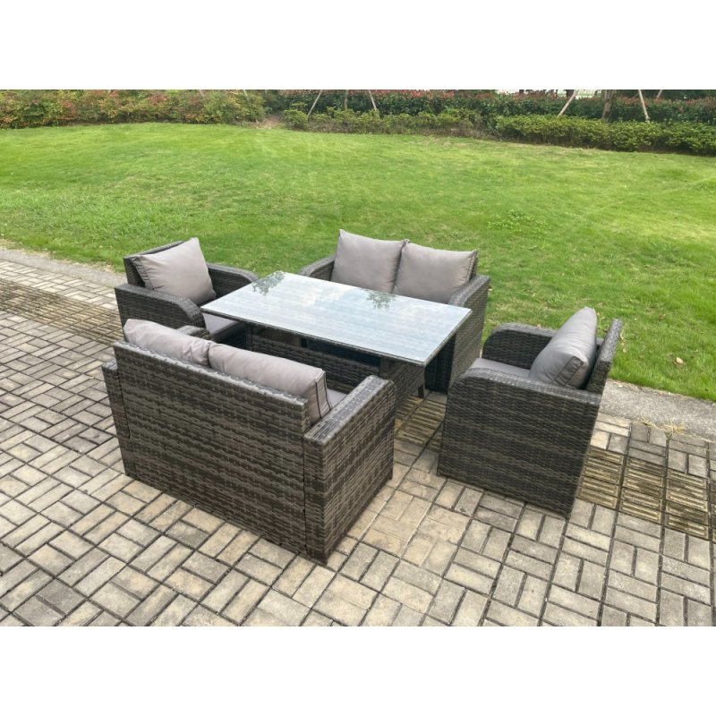 Fimous 6 Seater Lounge Rattan Sofa Set Outdoor Garden Furniture Oblong Rectangular Dining Table With Chairs Love Sofa Dark Grey Mixed