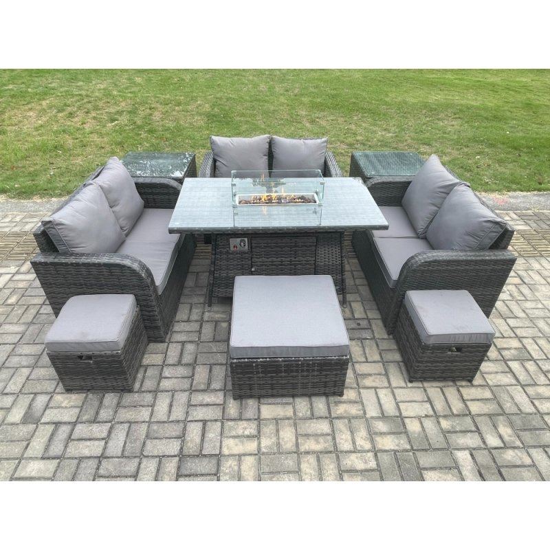 Fimous Outdoor Rattan Furniture Garden Dining Set Gas Fire Pit Table with 2 Side Tables Love Sofa 3 Footstools Dark Grey Mixed