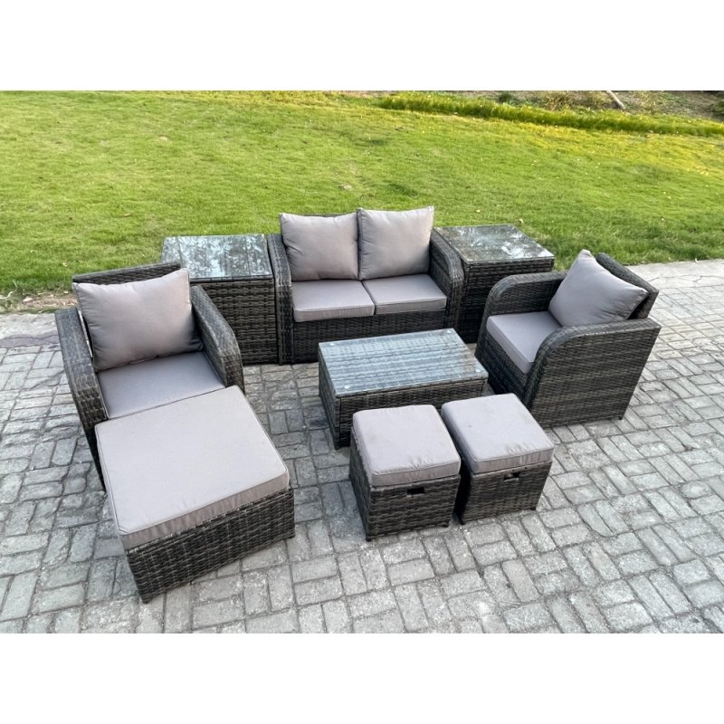 Fimous Wicker PE Rattan Outdoor Furniture Set Garden Love Sofa Coffee Table 2 Armchair 3 Footstools 2 Side Tables Dark Grey Mixed