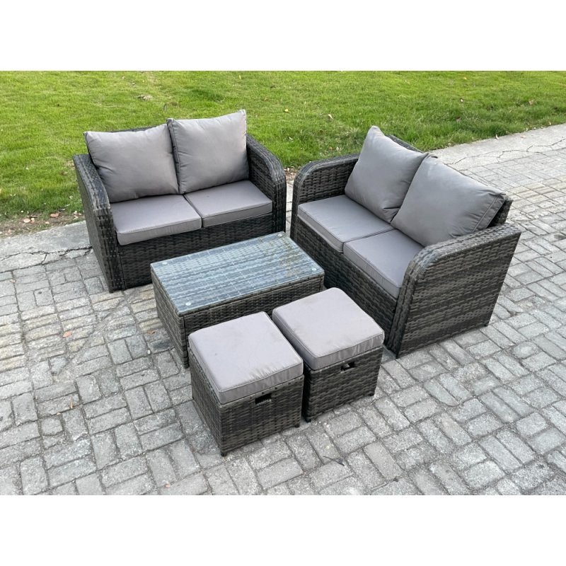 Fimous Rattan Garden Furniture Set 6 Seater Patio Outdoor Lounge Sofa Set with Rectangular Coffee Table 2 Small Footstools Dark Grey Mixed