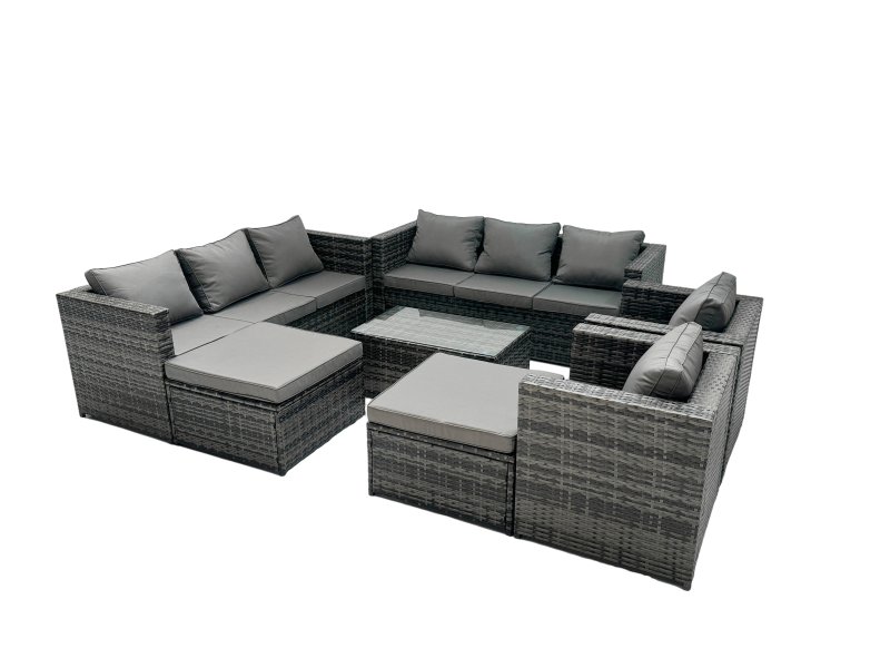 Fimous Rattan Garden Furniture Dining Set 10-seater Patio Coffee Table Sofa Set with 2 Big Stools Dark Grey Mixed
