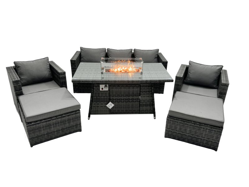 Fimous Rattan Garden Furniture Firepit Dining Set 7 Seater Lounge Sofa Table Set with 2 big Footstool
