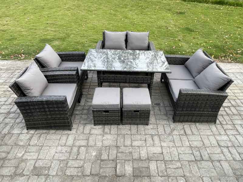 Fimous Rattan Garden Furniture Set Patio Outdoor Lounge Sofa Set with Oblong Dining Table Double Seat Sofa 2 Small Footstools Dark Grey Mixed