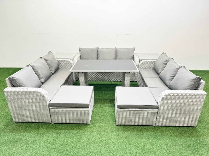 Fimous Patio Garden Furniture Sets with Black Glass Top Dining Table 3 Seater Sofa 2 Side Tables 2 Big Stool Light Grey