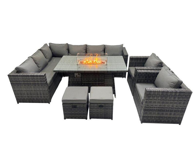 Fimous Rattan Garden Furniture Dining Set 10-seater Gas Firepit Dining Table Corner Sofa Set with 2 Small Stool Dark Grey Mixed
