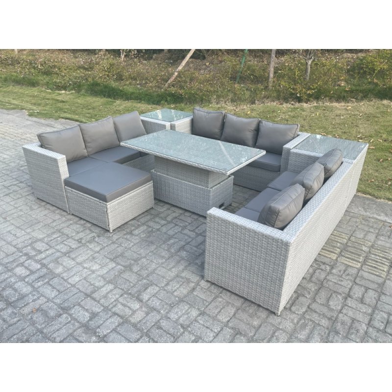 Fimous U Shape Lounge Rattan Garden Furniture Set Height Adjustable Rising Lifting Table Dining Set With 2 PC Side Coffee Table Footstool