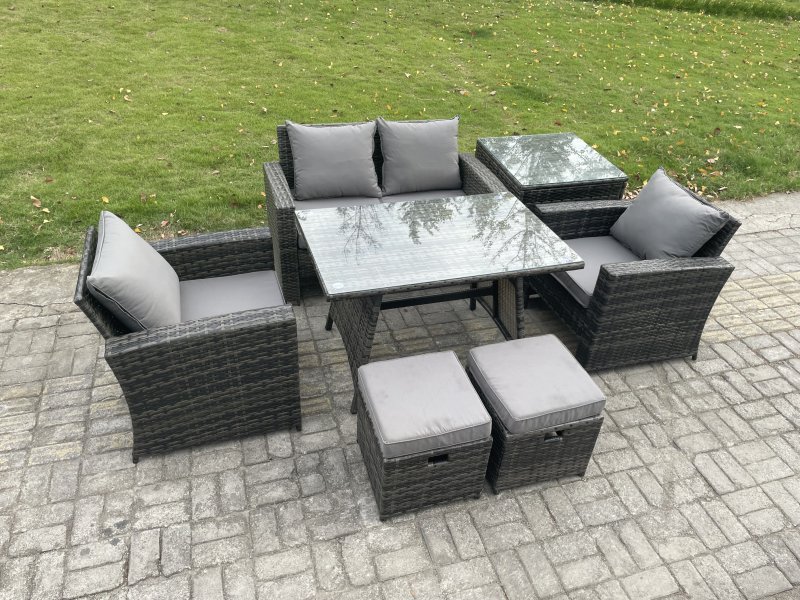 Fimous 6 Seater Outdoor Garden Furniture High Back Rattan Sofa Dining Table Set with SideTable 2 Small Footstools Dark Grey Mixed