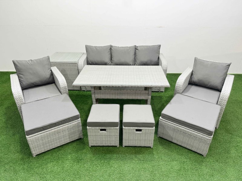 Fimous PE Rattan Lounge Sofa Set 9 Seater Outdoor Garden Furniture Set with Dining Table 3 Seater Sofa 2 Big Footstools Side Table Light Grey