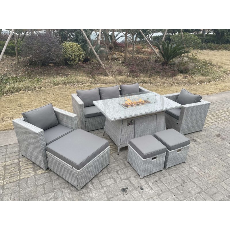 Fimous Light Grey Rattan Fire Pit Garden Furniture Set Gas Heater Burner Chairs With 3 PC Stools