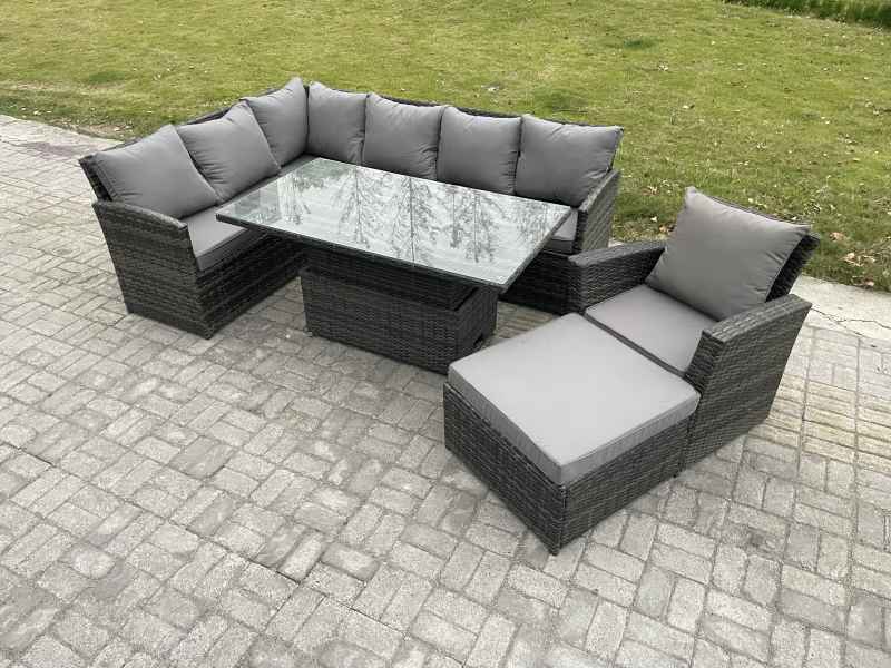 Fimous Wicker PE Outdoor Rattan Garden Furniture Set Height Adjustable Rising Lifting Table Sofa Dining Set with Big Footstool Armchair Dark Grey Mixed