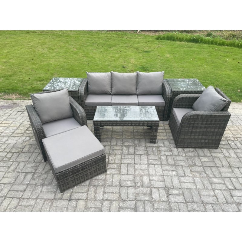 Fimous 6 Seater Rattan Garden Furniture Set with Rectangular Coffee Table 2 Side Tables Big Footstool Patio Outdoor Rattan Set