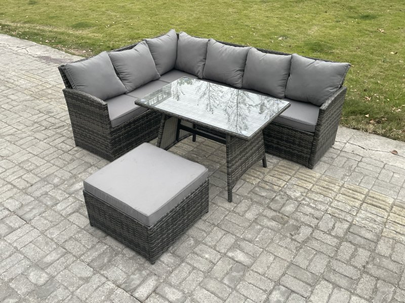 Fimous Rattan Garden Furniture Corner Sofa Set with Oblong Dining Table Big Footstool Outdoor Wicker Rattan Set Dark Grey Mixed
