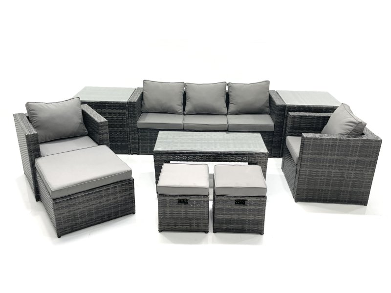 Fimous 8 Seater Rattan Garden Furniture Set Outdoor Lounger Sofa with Coffee Table 2 Armchair 3 Footstools 2 Side Tables Dark Grey Mixed