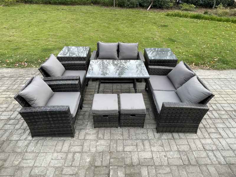 Fimous Garden Furniture Sets 9 Pieces Wicker Rattan Furniture Manual Wicker Patio Sofa Patio Conversation Set with 2 Small Footstools 2 Side Tables Dark Grey Mixed