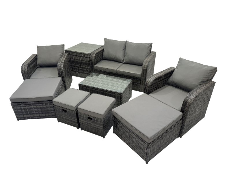 Fimous Outdoor Love Sofa Reclining Chair Coffee Table Set Garden Rattan Furniture Set 8 Seater with 4 Stools Side Table Dark Grey