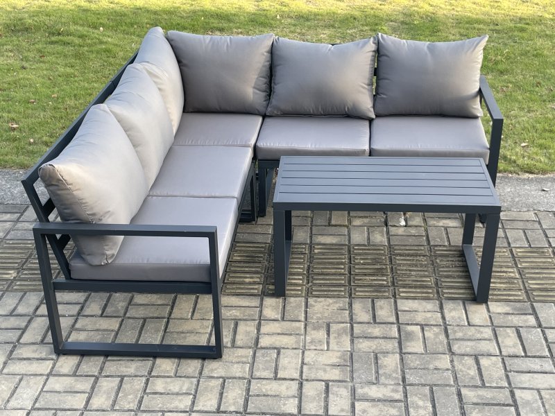 Fimous Aluminium Outdoor Garden Furniture Set Lounge Sofa Oblong Coffee Table Sets Indoor Conservatory Set Dark Grey