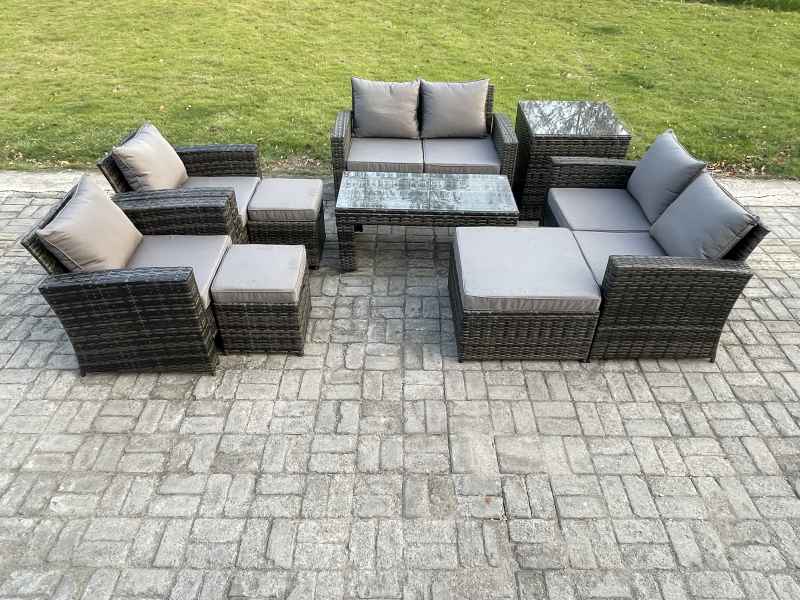 Fimous 9 Seater Dark Grey Mixed High Back Rattan Sofa Set Coffee Table Garden Furniture Outdoor Patio With Love Sofa Arm Chairs 3 Footstools Side Table