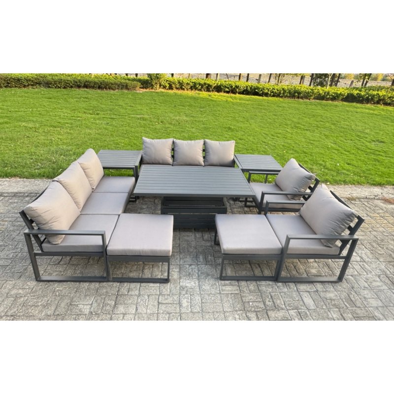Fimous Garden Aluminium Furniture Set Dark Grey 10 Seater Outdoor Patio Adjustable Rising Lifting Dining Table with 2 Big Footstools Side Table Dark Grey