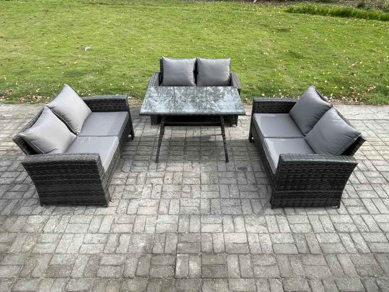 Fimous 6 Seater Rattan Wicker Garden Furniture Patio Conservatory Sofa Set with Rectangular Dining Table Love Seat Sofa