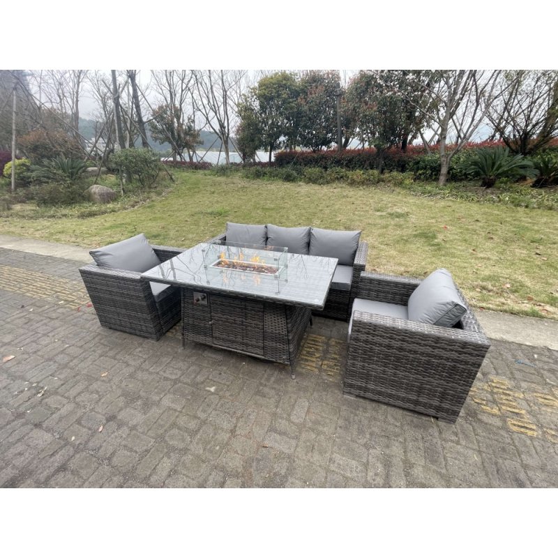 Fimous 5 Seater Outdoor PE Rattan Garden Furniture Gas Fire Pit Dining Table Lounge Sofa 2 PC Armchairs Dark Grey Mixed Patio