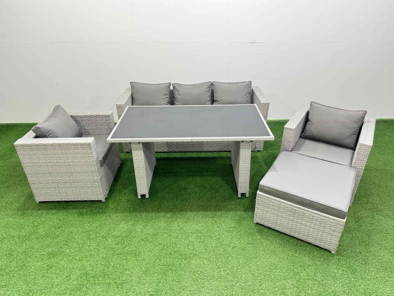 Fimous Patio Garden Furniture Sets with Black Glass Top Dining Table Armchair 3 Seater Sofa Big Stool Light Grey