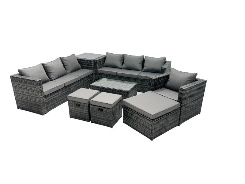 Fimous Rattan Garden Furniture Dining Set 10-seater Patio Coffee Table Sofa Set with 3 Stools Side Table Dark Grey Mixed