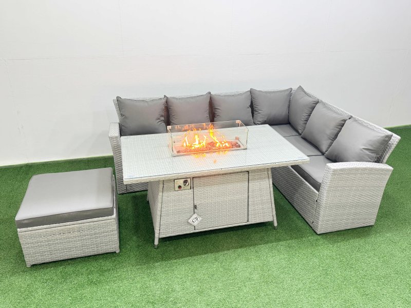 Fimous 7 Seat Rattan Garden Furniture Corner Sofa Set Outdoor Gas Fire Pit Table Set with Big Footstool Light Grey