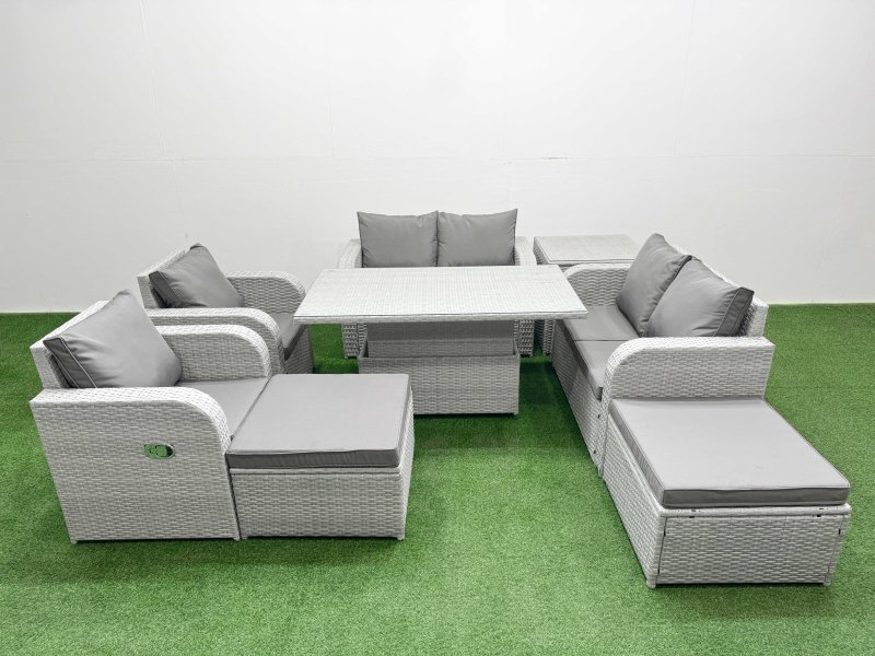 Fimous 8 Seater Outdoor Reclining Chair Love Sofa Set Rattan Garden Furniture Set with Adjustable Lifting Dining or Coffee Table 2 Big FootStools Side Table Light Grey