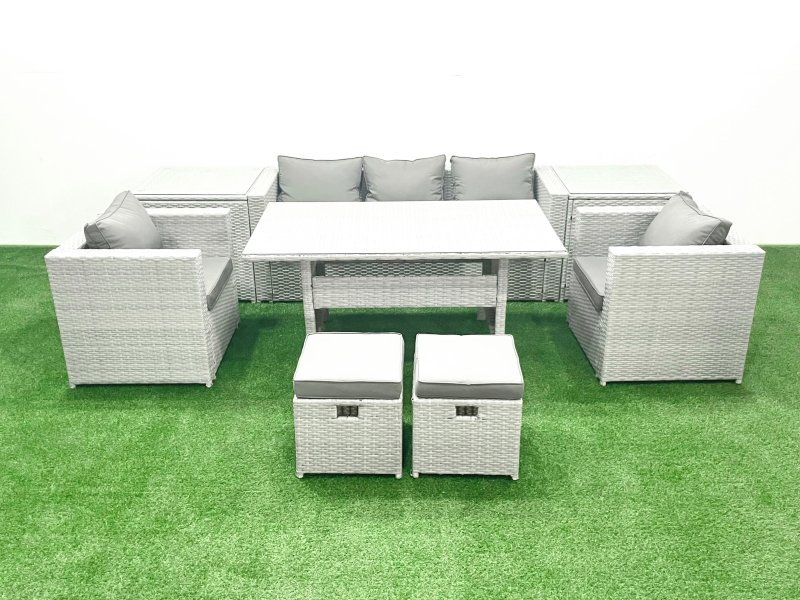 Fimous Garden Dining Set Outdoor Rattan Furniture Set with Sofa Dining Table 2 Chairs 2 Small Footstools 2 Side Tables Light Grey Mixed
