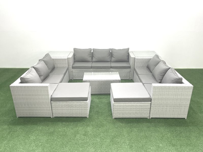 Fimous Rattan Garden Outdoor Furniture Set 11 Seater Garden Sofa Coffee Table Set with 2 Big Footstools 2 Side Tables Light Grey Mixed