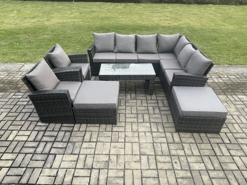 Fimous Rattan Corner Sofa Garden Furniture Set with 2 Big Footstool Rectangular Coffee Table 2 Armchairs with Cushion Dark Grey Mixed