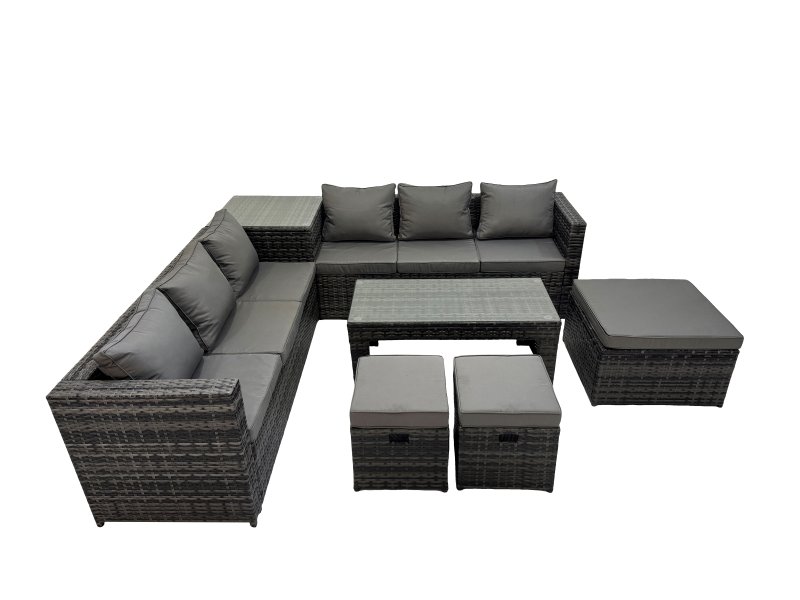 Fimous Garden Rattan Outdoor Furniture Set 9 Seater Patio Corner Sofa Oblong Coffee Table with 3 Stool Side Table Dark Grey